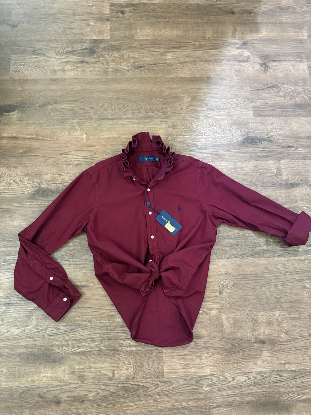 Upcycled Ralph Lauren Burgundy Ruffle-Neck Button-Down Shirt Size Medium NWT